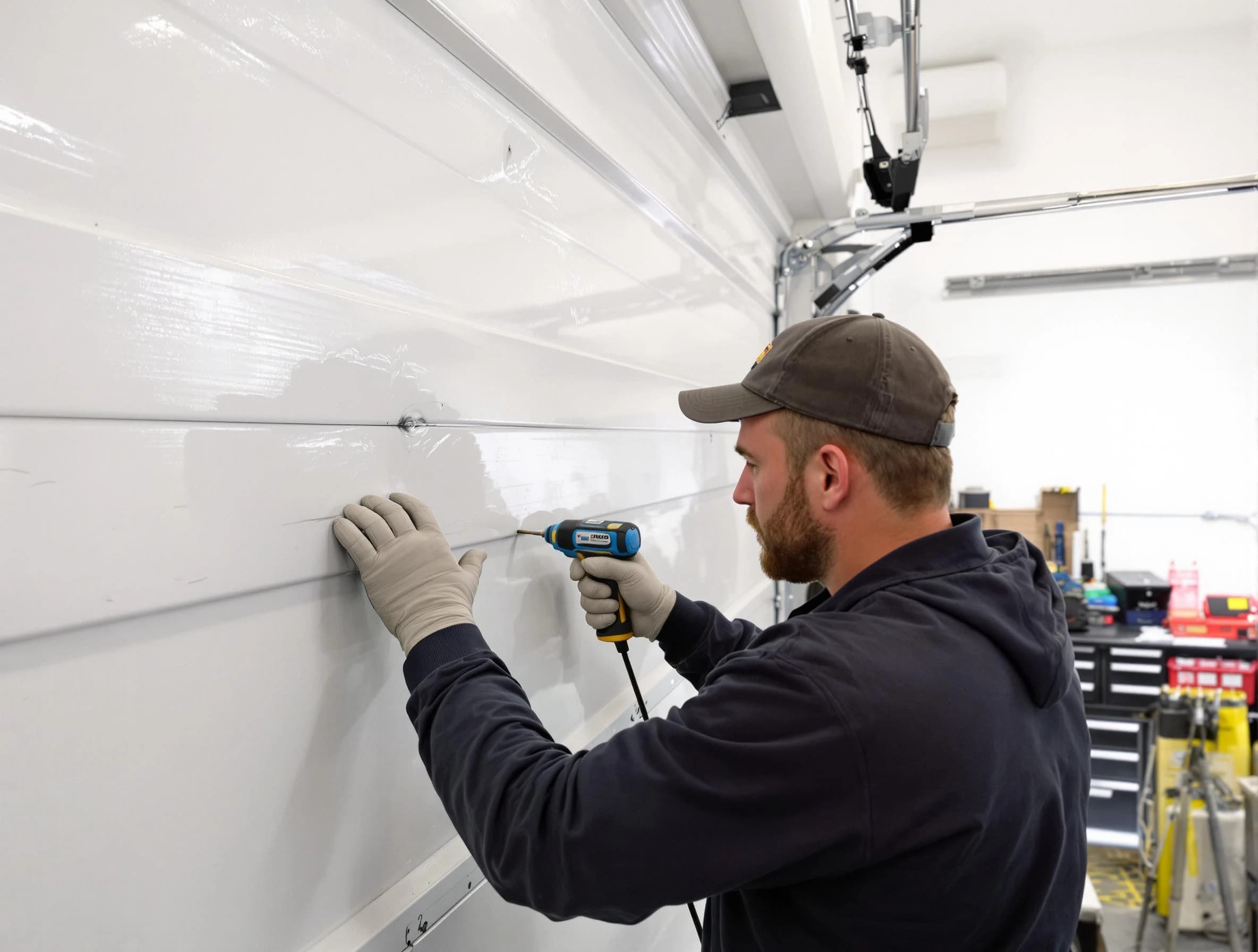 Waltham Garage Door Repair technician demonstrating precision dent removal techniques on a Waltham garage door