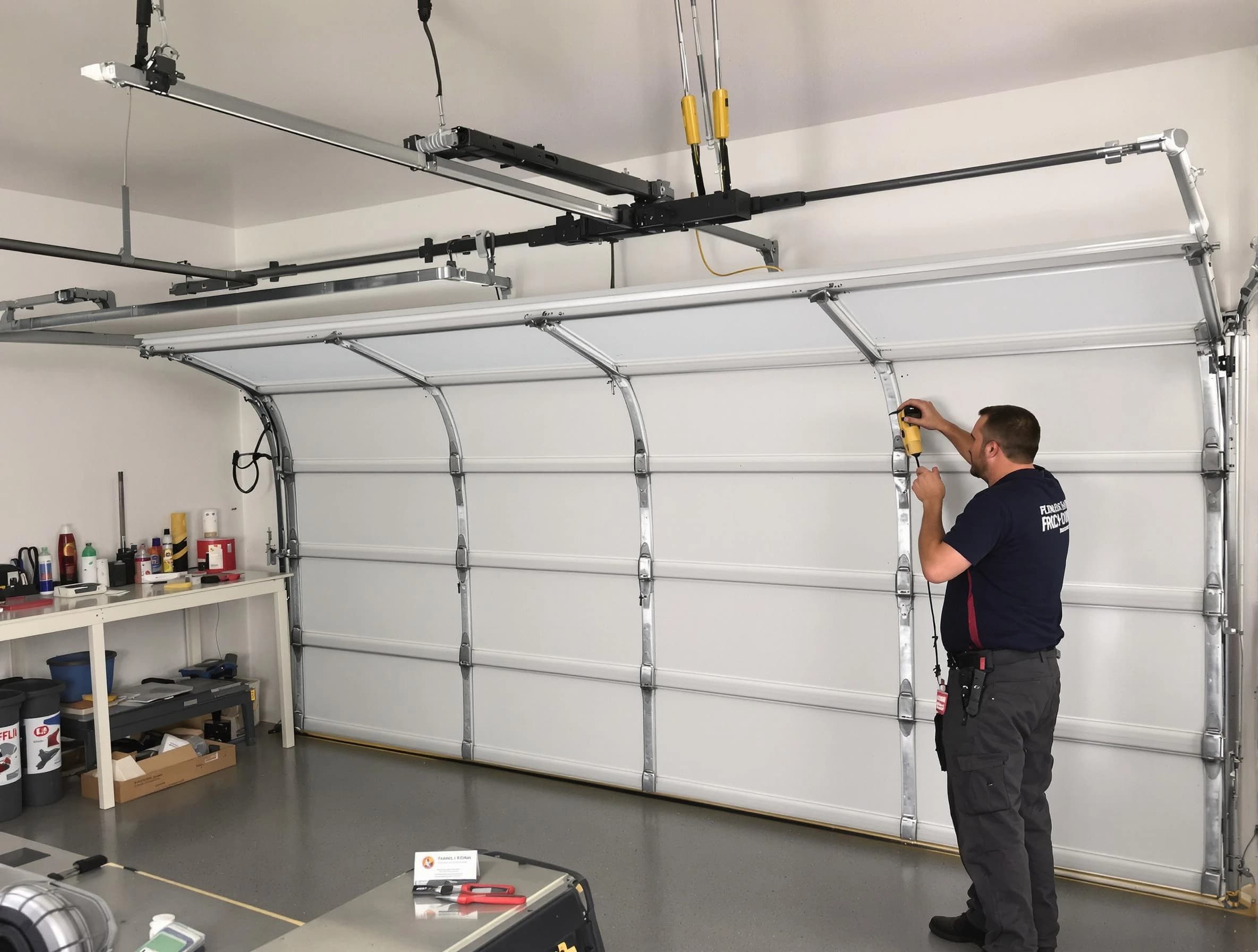 Waltham Garage Door Repair certified technician performing overhead door system repair in Waltham