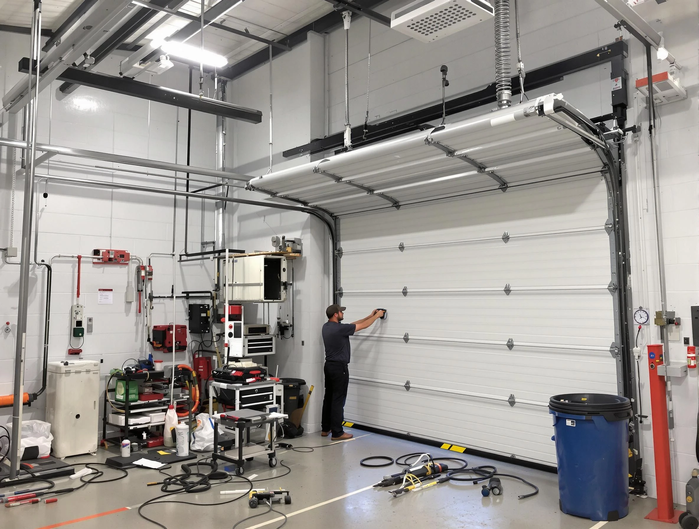 Waltham Garage Door Repair certified technician performing commercial door repair at a Waltham business facility