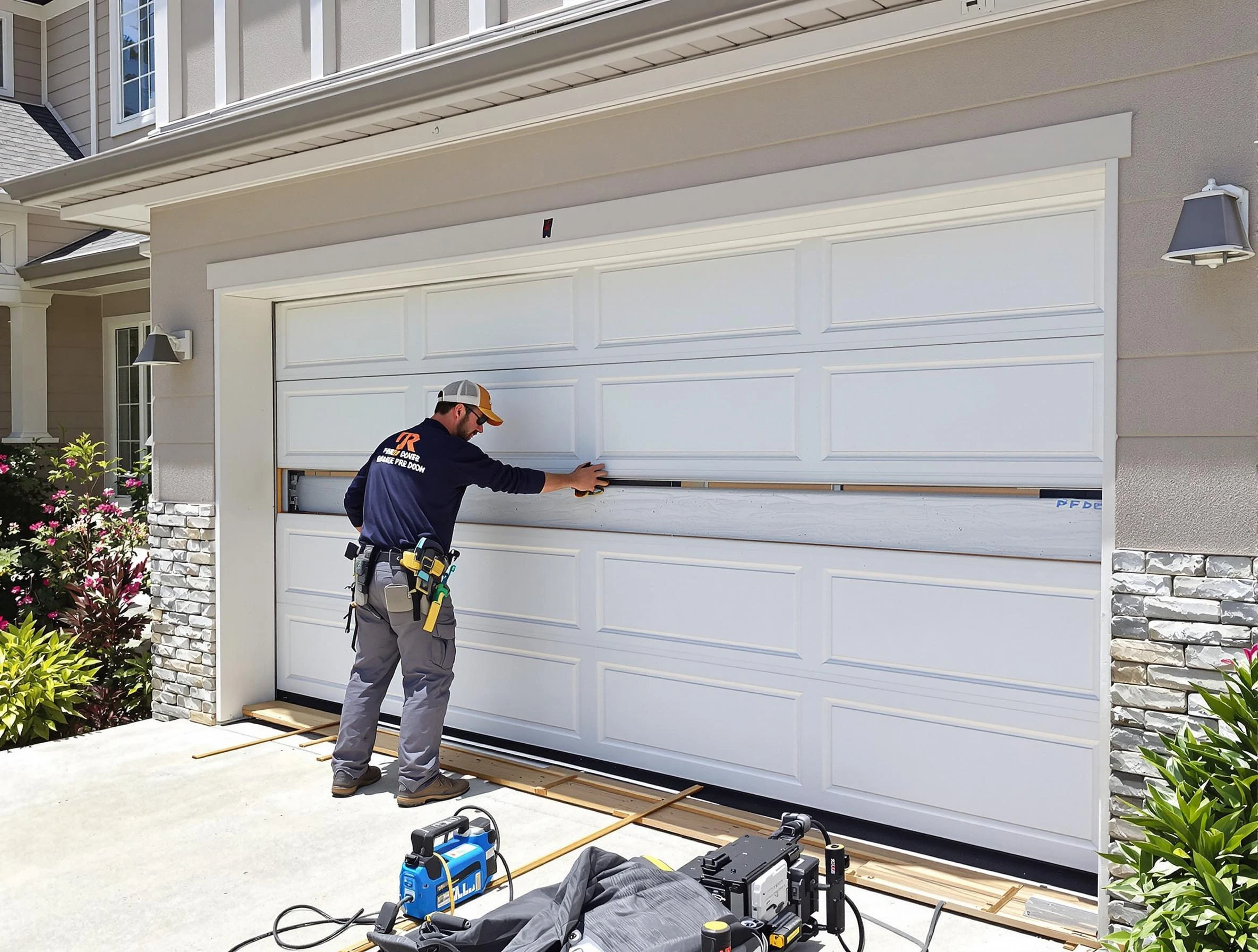 Waltham Garage Door Repair team performing complete garage door replacement at Waltham residence