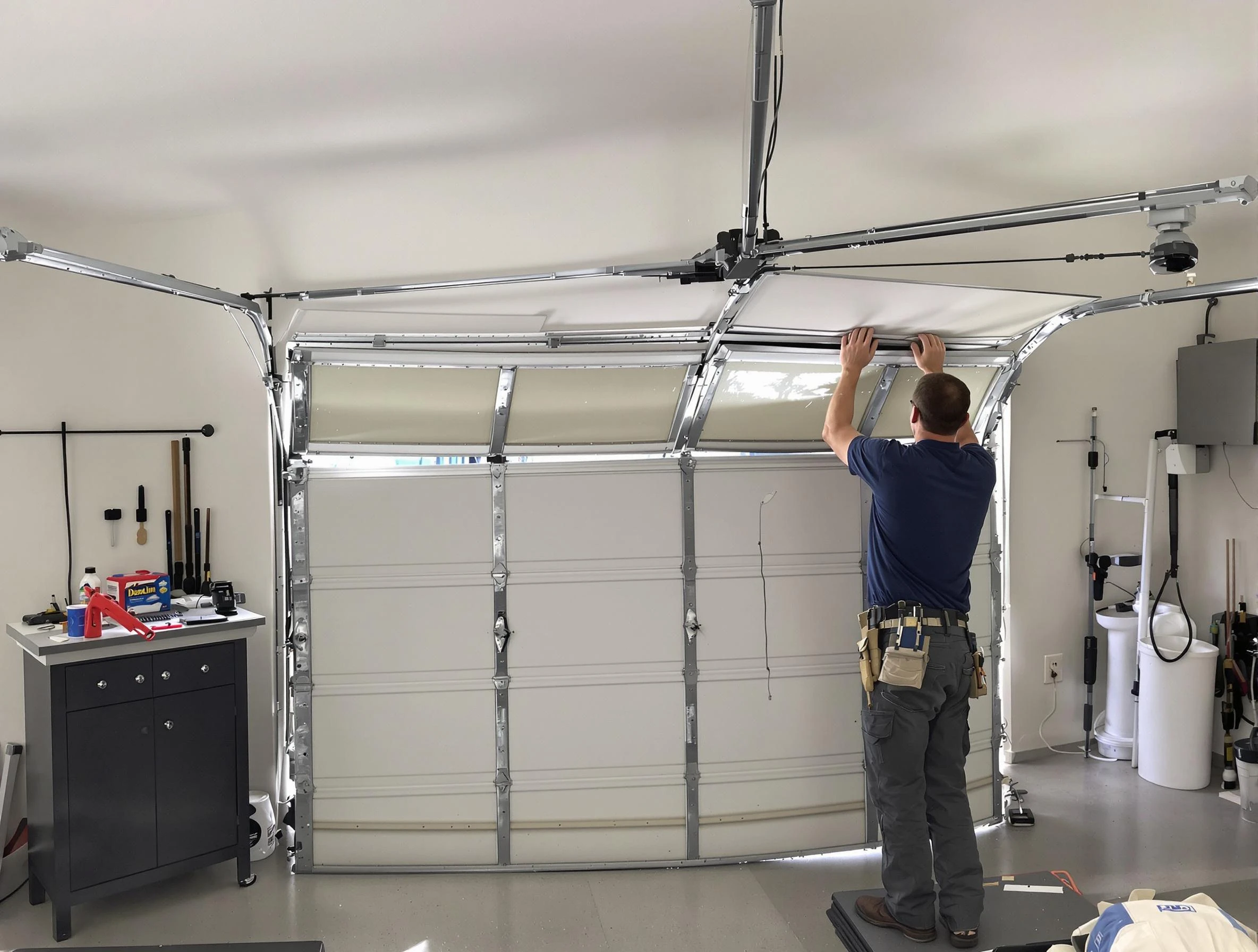 Waltham Garage Door Repair specialist performing precise section replacement on Waltham garage door