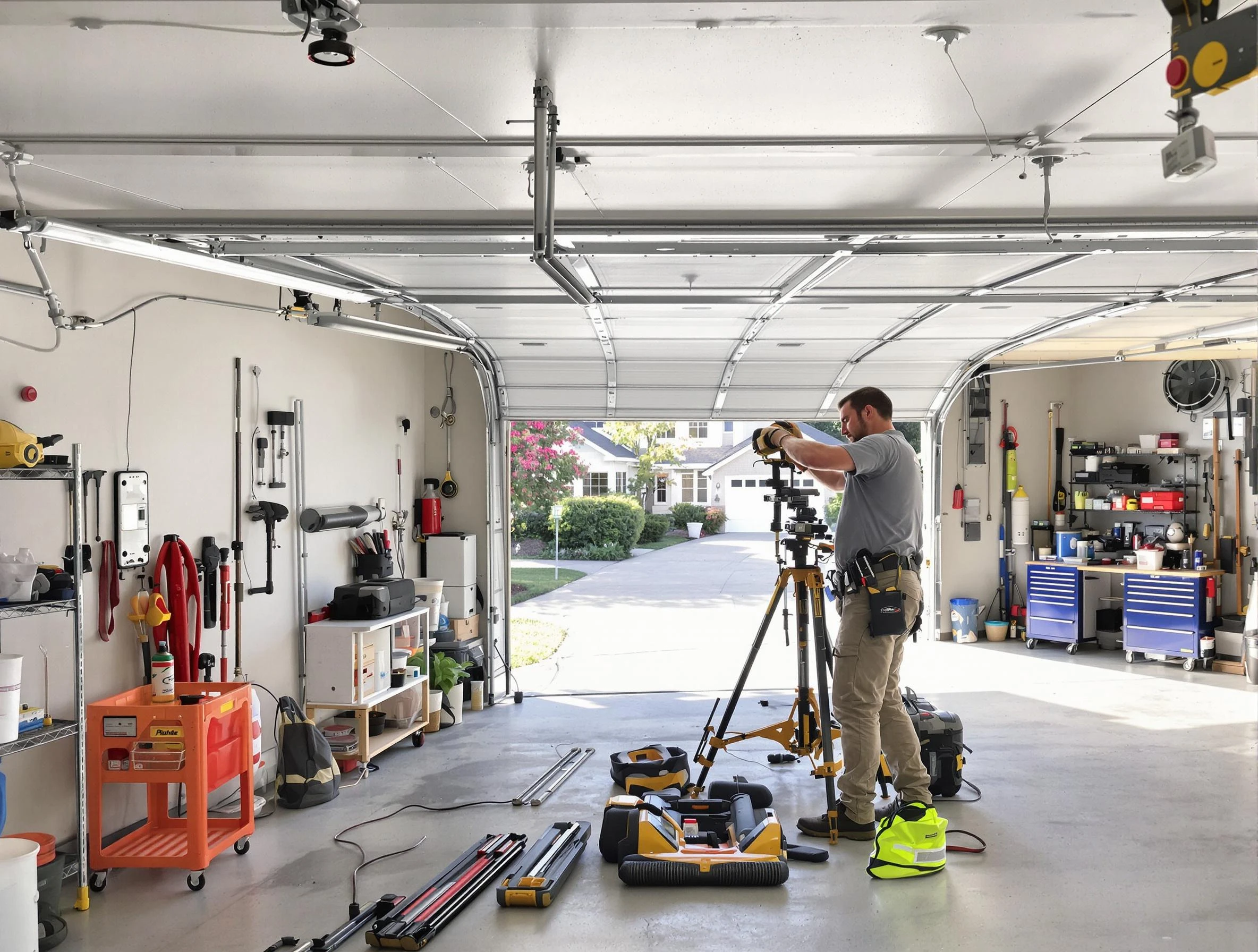 Waltham Garage Door Repair specialist performing laser-guided track alignment in Waltham